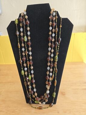 Multi-Strand Glass Bead Necklace in Amber & Olive - Women Jewelry